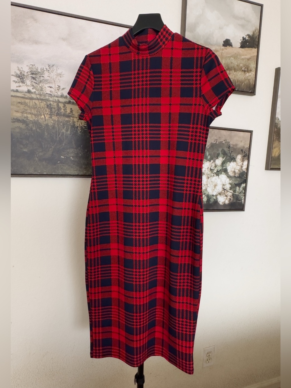 Red and Black Plaid Mock-Neck Midi Dress